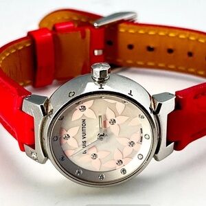 Louis Vuitton Tambour Diamond Watch with Red Vernis Monogram Band
